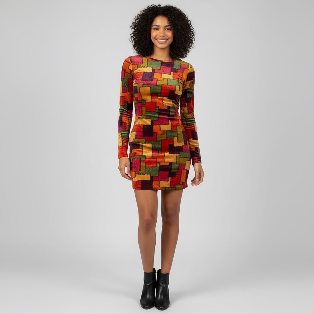 Betsey Johnson Multicolor Patchwork Long Sleeve Dress bodycon festival rave